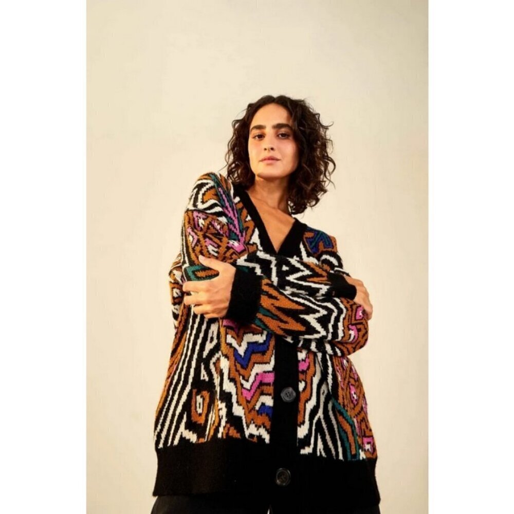 💕FARM RIO💕 Caramel Tropical Stripes Cardigan ~ Tropical Stripes Print XL NWT - Picture 4 of 16